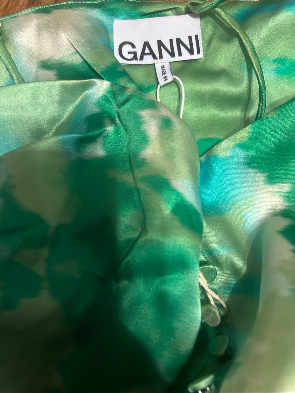 GANNI Ruched printed silk-blend satin mini dress Green Original Price $375 - Picture 6 of 8